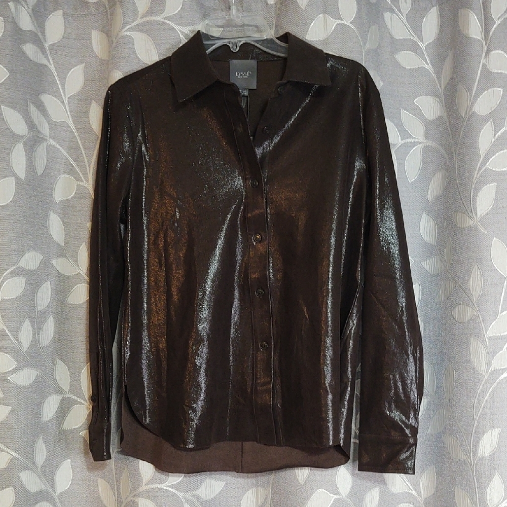 Lysse Women's Liquid Mocha Vegan Suede Button Down Shirt size S